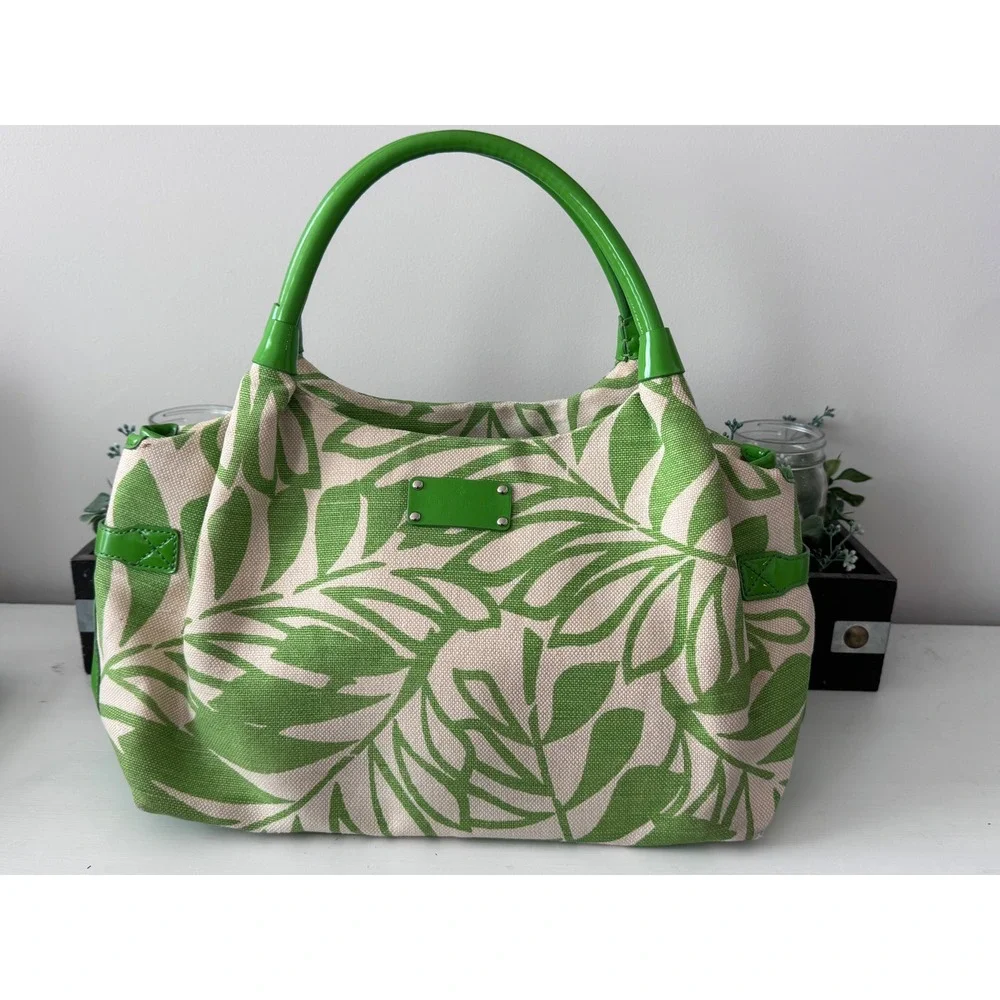 Kate Spade Green Tropical Leaf Print Canvas Tote Bag Patent Leather Trim